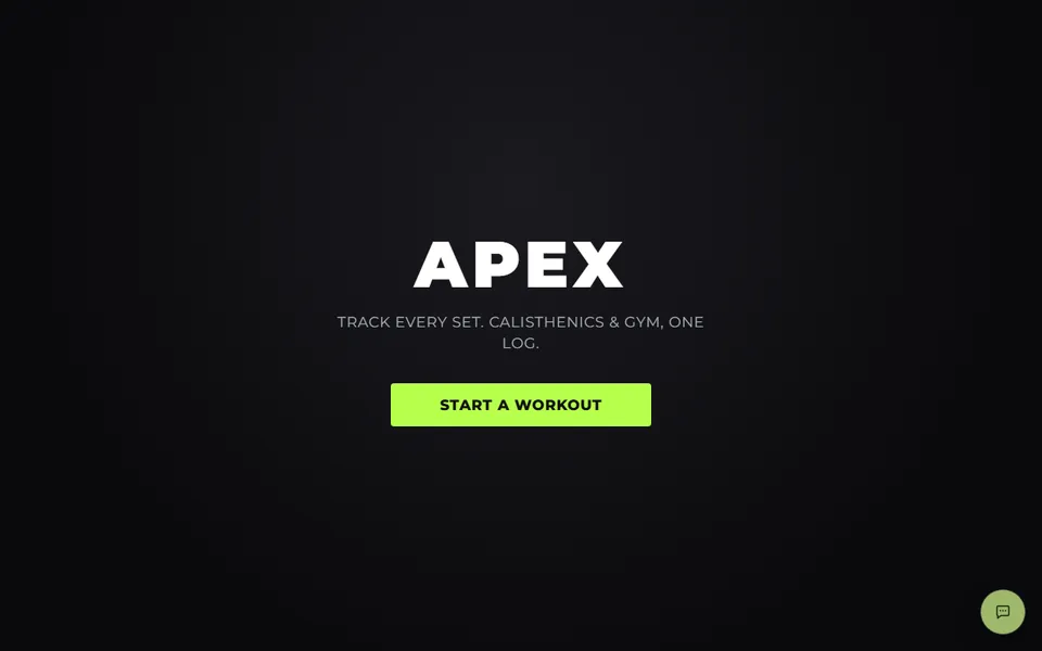 APEX workout tracker landing screen: 'Track every set. Calisthenics and gym, one log.'