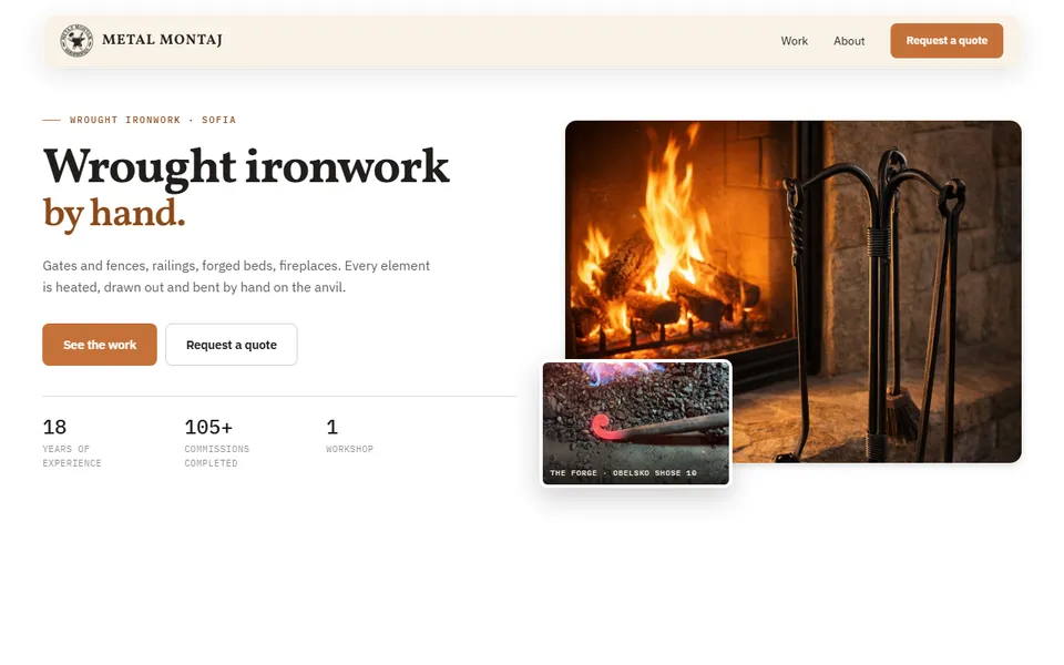 Metal Montaj home page: 'Wrought ironwork by hand', beside a photo of a forged fireplace set